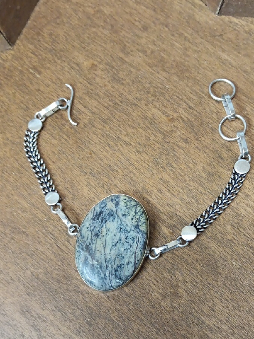 Sterling Silver Green Jasper Oval Stone Bracelet